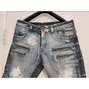 Elite Premium Denim Men's Blue Stone Washed Distressed Ribbed Jeans Size 36X34